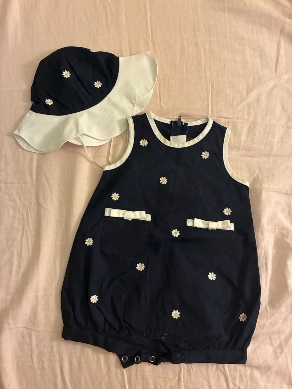 Good Lad Navy & Cream Daisy Romper with Matching Sun Hat